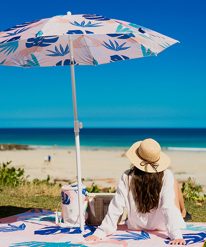 Good Vibes™ 1.6m Beach Umbrella with Carry Bag, Shoulder Strap - Blush Palm